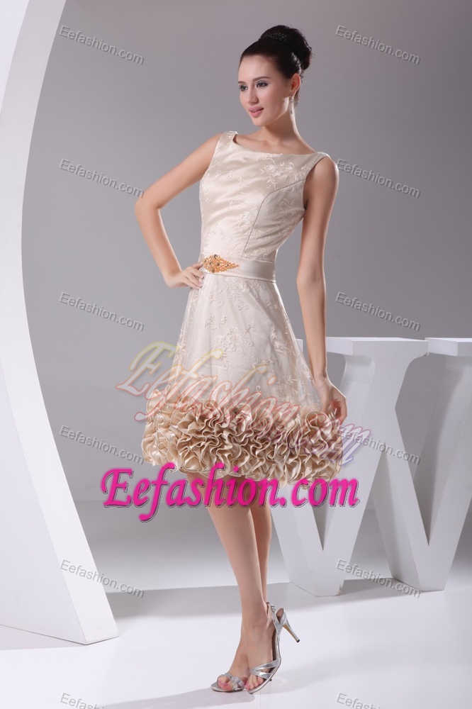 Satin Scoop Princess Dresses for Celebrity with Sash Lace Flowers and Ruffled Edge