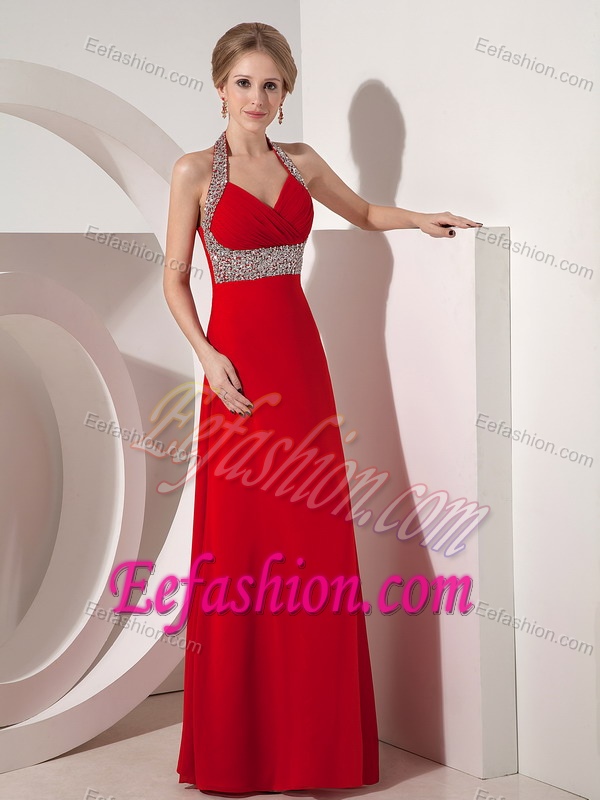 Beautiful Red Halter Top Ruched Semi-formal Evening Dress with Beading