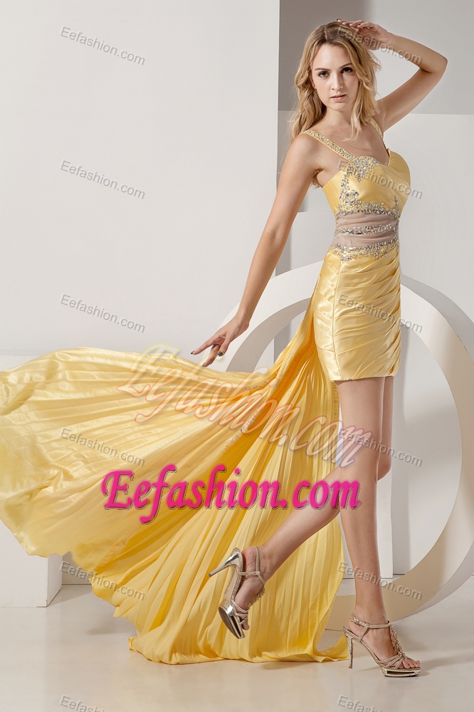 Sexy Yellow Straps High-low Cocktail Evening Dresses with Beading and Ruching