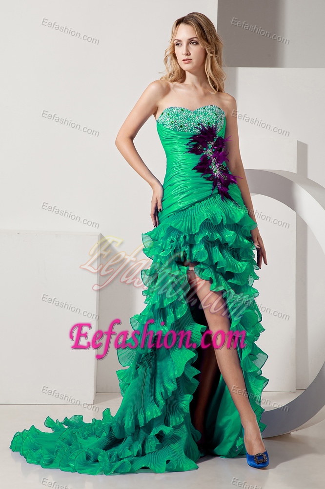 Green Sweetheart Beaded Ruffles Pageant Evening Gown with Court Train