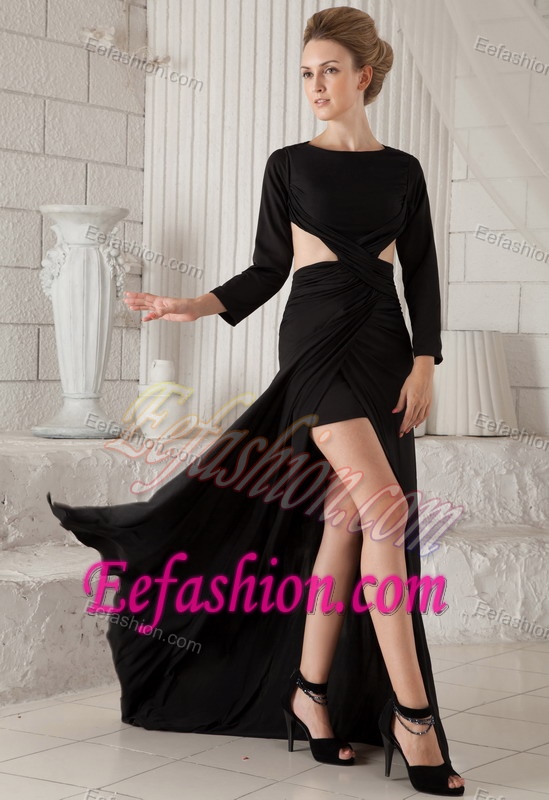 Special Black High Low Brush Train Chiffon Evening Dresses with Long Sleeves