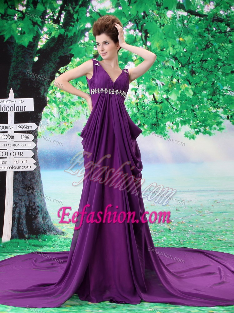 Purple V-neck Beaded Chiffon Evening Dress Patterns with Watteau Train