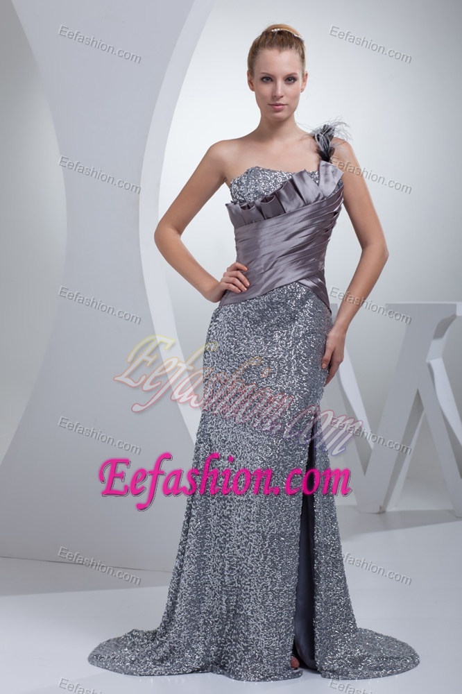 Sexy One Shoulder High Slit Summer Evening Dress with Sequins in Silver