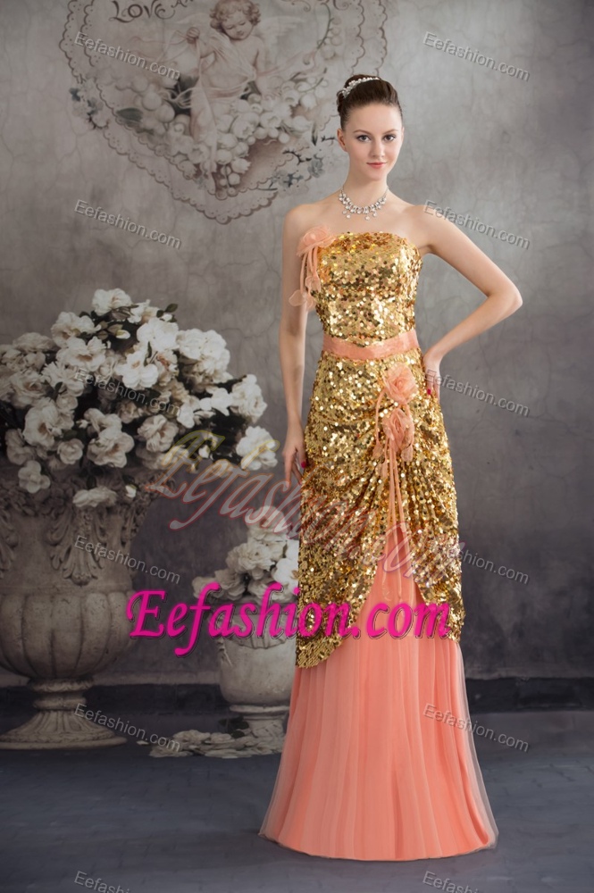 Hot Gold and Peach Evening Dress for Women with Paillette and Flowers