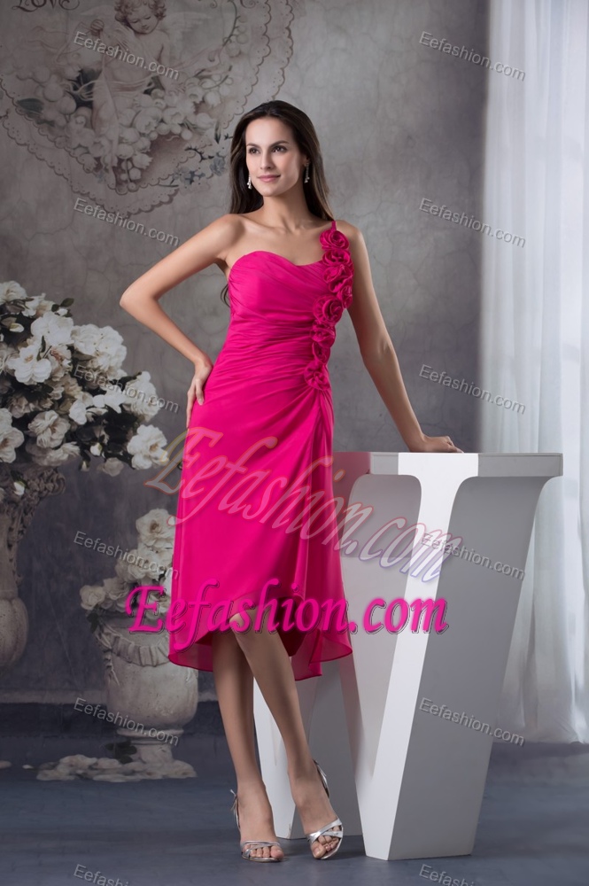 Fuchsia One Shoulder Knee-length Womens Evening Dresses with Flowers