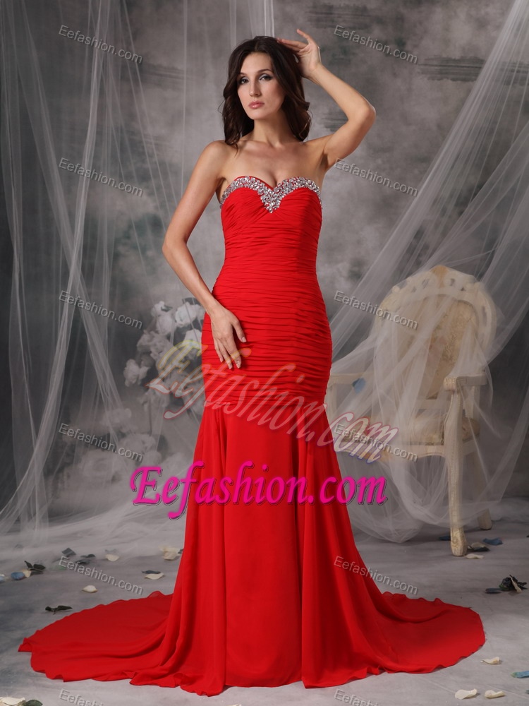 Elegant Red Mermaid Chiffon Court Train Prom Dress for Party with Ruching and Beading