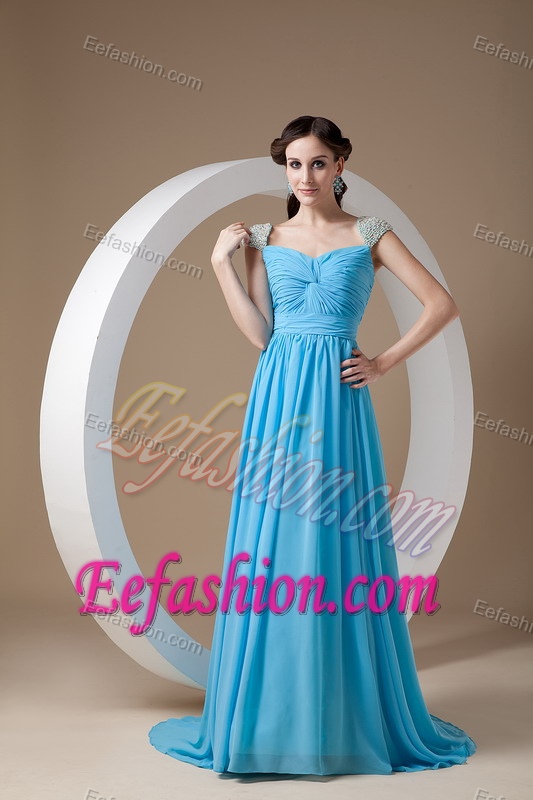 Customize Baby Blue Square Chiffon Ruched Long Prom Dress with Beaded Cap Sleeves