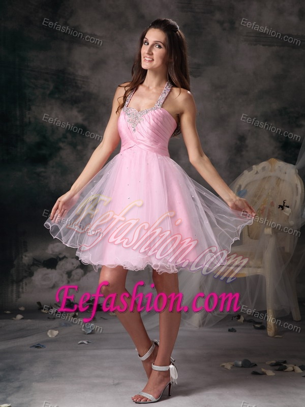 Customize Pink Straps Short Prom Dress with Beading Made on Sale