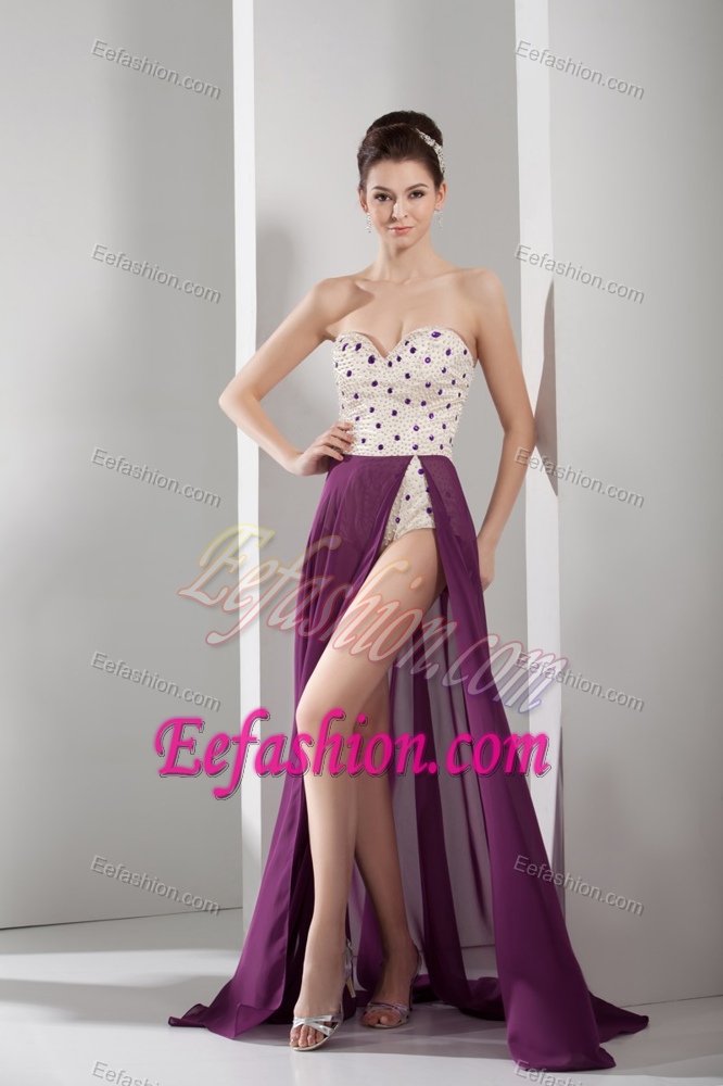 Sweetheart Brush Train White and Purple Prom Dress with Beading and High Slit