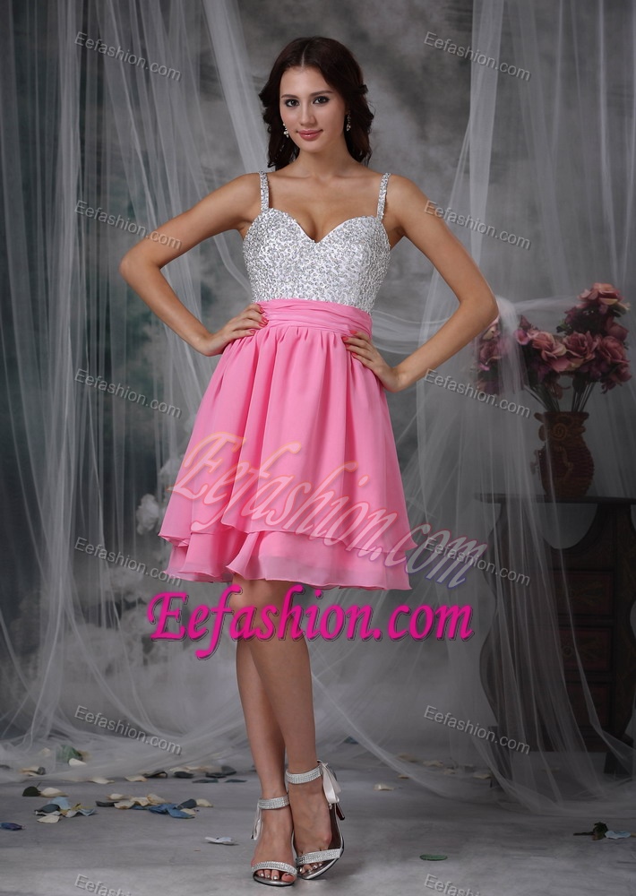 Straps Knee-length Pink Layered Chiffon Prom Dress for Slim Girls with Beading