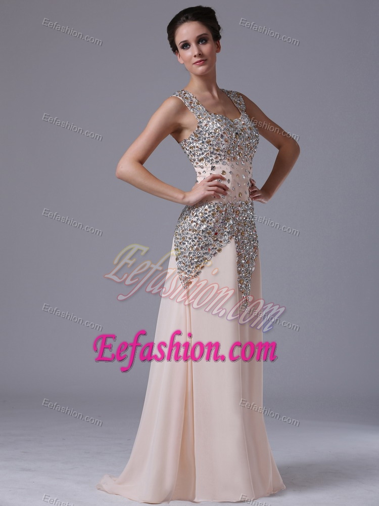 Chic Baby Pink Straps Brush Train Chiffon Prom Dress for Parties with Beading