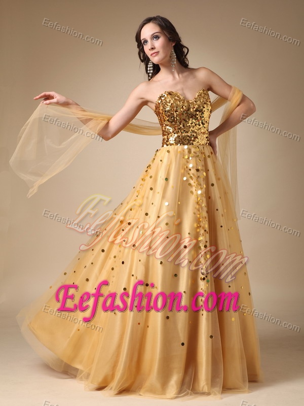 Gold Sweetheart Long Sequin and Tulle Prom Celebrity Dress with Shawl