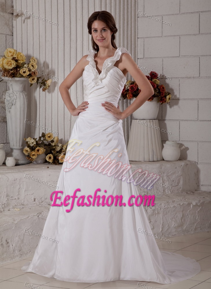 V-neck Brush Train Flounced Wedding Dress with Ruching for Cheap