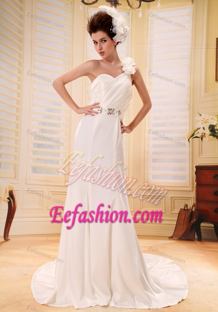 Affordable One Shoulder Beaded and Ruched Wedding Dress with Flowers