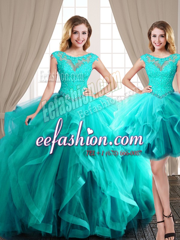 Top Selling Three Piece Scoop Aqua Blue Ball Gowns Beading and Appliques and Ruffles Ball Gown Prom Dress Lace Up Tulle Cap Sleeves Floor Length