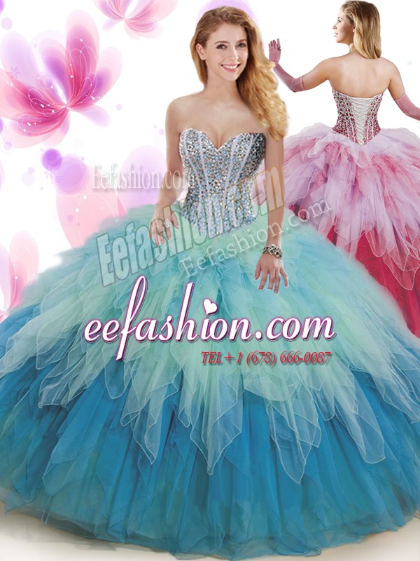 Fantastic Multi-color Ball Gowns Tulle Sweetheart Sleeveless Beading and Ruffles Floor Length Lace Up 15th Birthday Dress