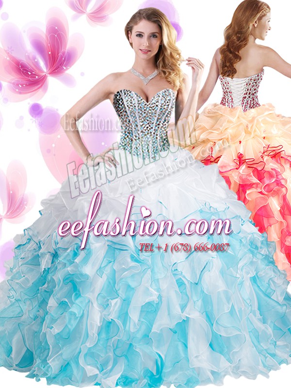  Blue And White Lace Up Ball Gown Prom Dress Beading and Ruffles Sleeveless Floor Length