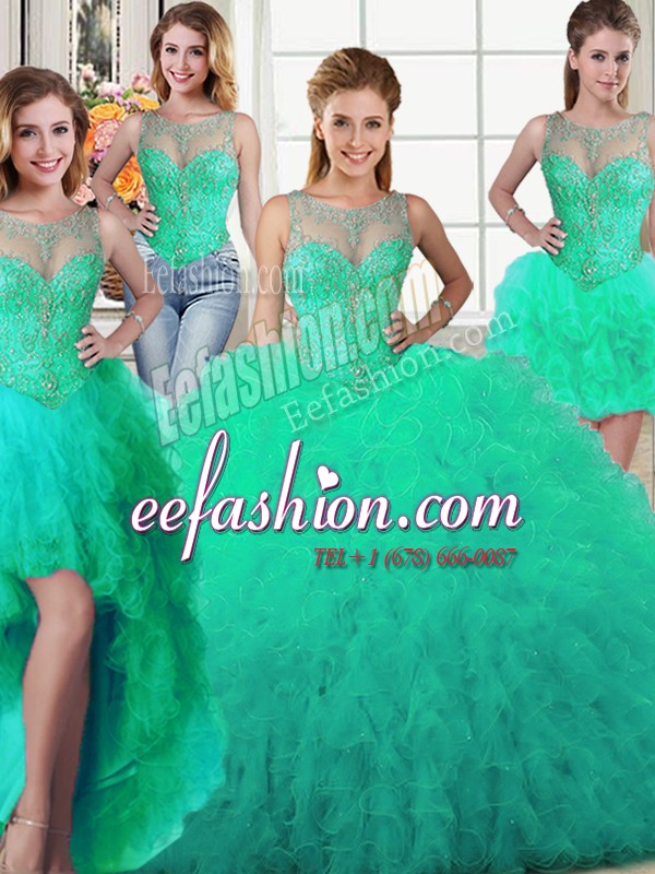 Glittering Four Piece Turquoise Scoop Neckline Beading and Ruffles Sweet 16 Dresses Sleeveless Lace Up