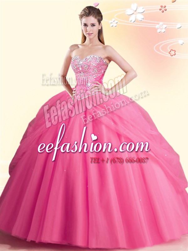 Traditional Watermelon Red Ball Gowns Tulle Sweetheart Sleeveless Beading Floor Length Lace Up Sweet 16 Dress