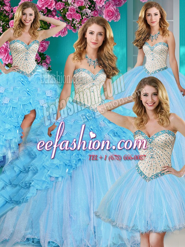 Four Piece Baby Blue Sleeveless Brush Train Beading and Ruffles With Train Quince Ball Gowns