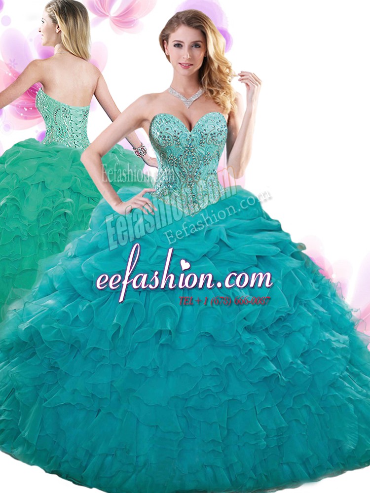  Teal Ball Gowns Sweetheart Sleeveless Organza Floor Length Lace Up Beading and Ruffles and Pick Ups Sweet 16 Dresses