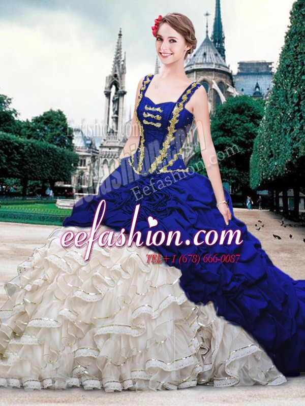Exquisite Blue And White Ball Gowns Organza and Taffeta Straps Sleeveless Beading and Ruffles and Pick Ups With Train Lace Up Quince Ball Gowns Brush Train