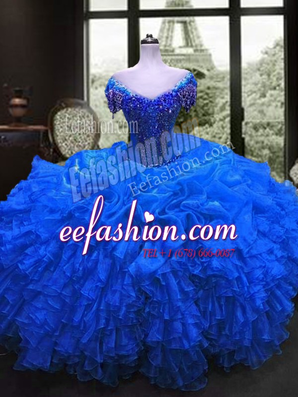 Extravagant Royal Blue Organza Lace Up Vestidos de Quinceanera Cap Sleeves Floor Length Beading and Ruffles