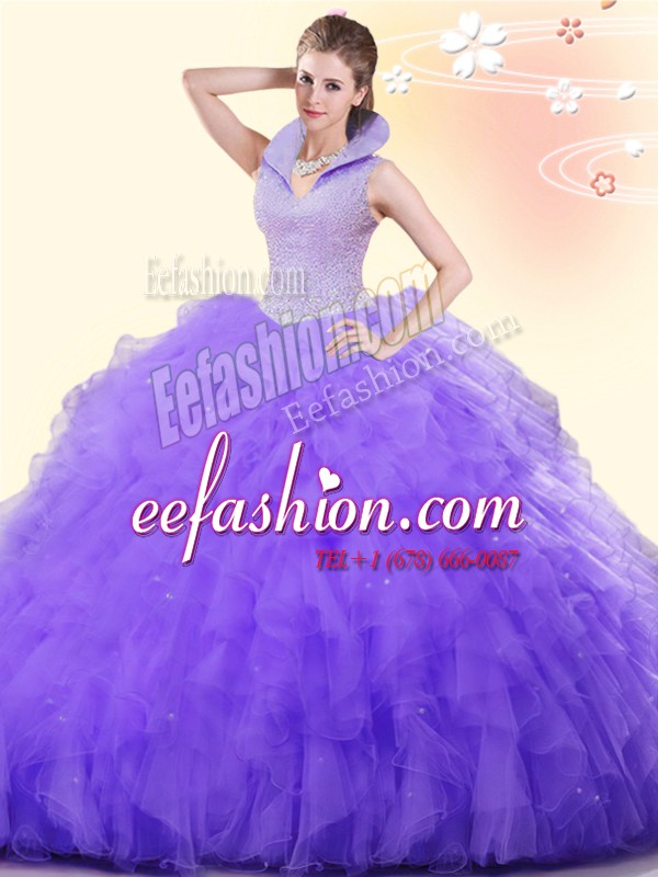 High Class Backless Lavender Sleeveless Beading and Ruffles Floor Length 15 Quinceanera Dress
