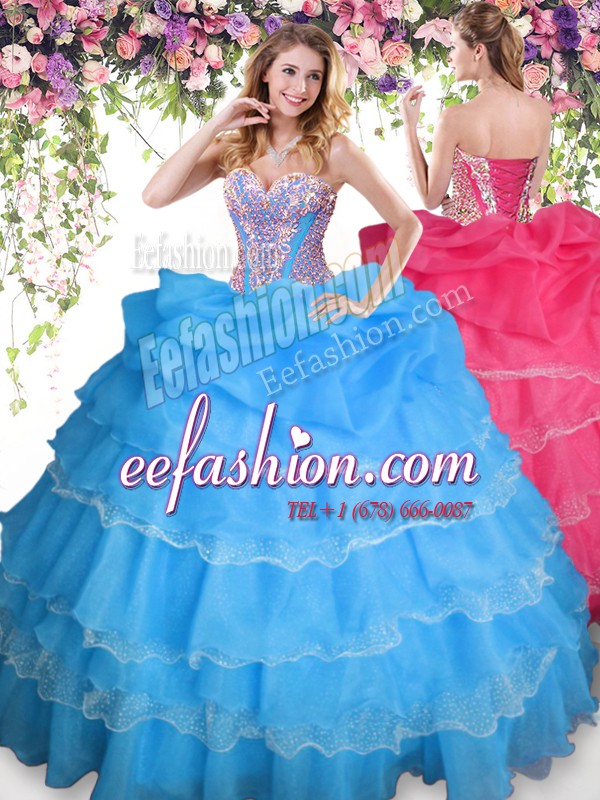 Elegant Organza Sleeveless Floor Length Ball Gown Prom Dress and Beading and Ruffled Layers and Pick Ups