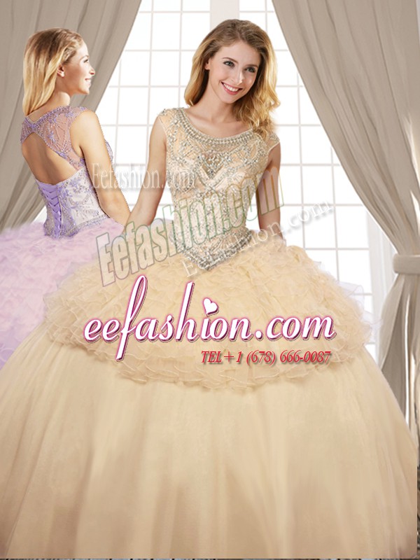 High Class Champagne Scoop Lace Up Beading and Ruffles Sweet 16 Dresses Sleeveless