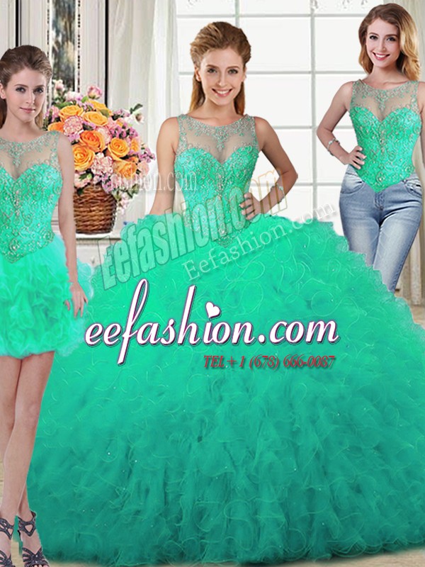 Chic Three Piece Scoop Sleeveless Ball Gown Prom Dress Floor Length Beading and Ruffles Turquoise Tulle