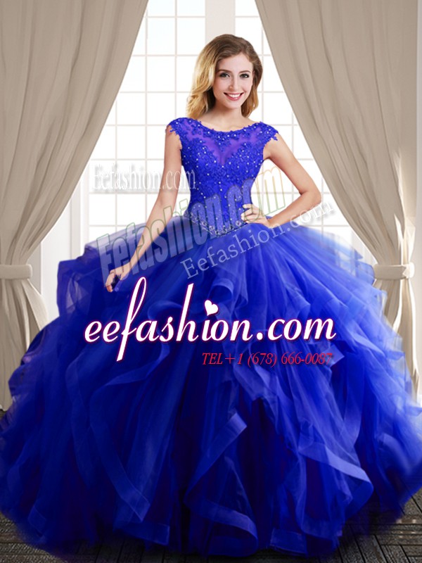  Scoop Cap Sleeves Sweet 16 Dresses With Brush Train Beading and Appliques and Ruffles Royal Blue Tulle