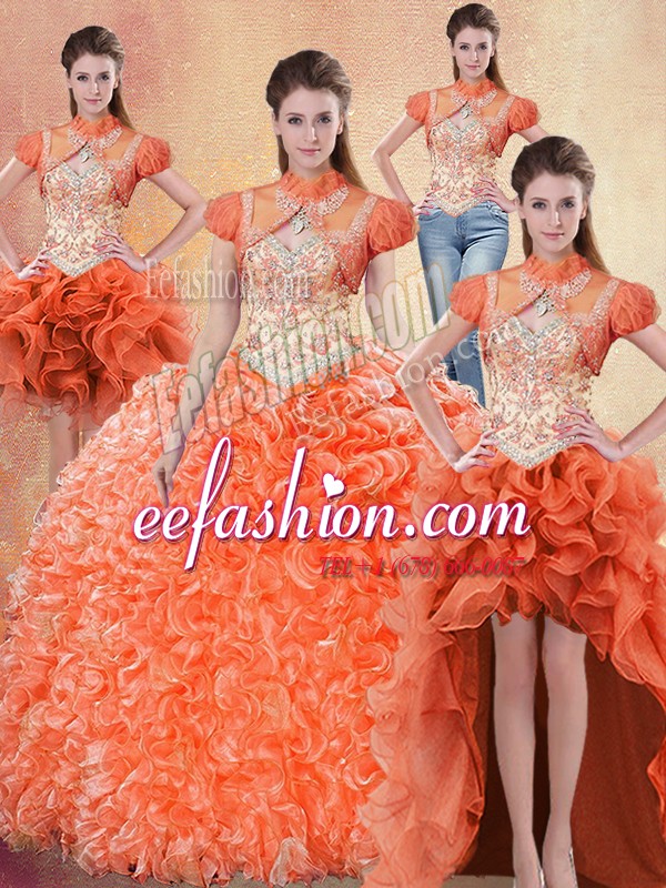Great Four Piece Orange Red Ball Gowns Organza Straps Sleeveless Beading and Ruffles With Train Lace Up Ball Gown Prom Dress Brush Train
