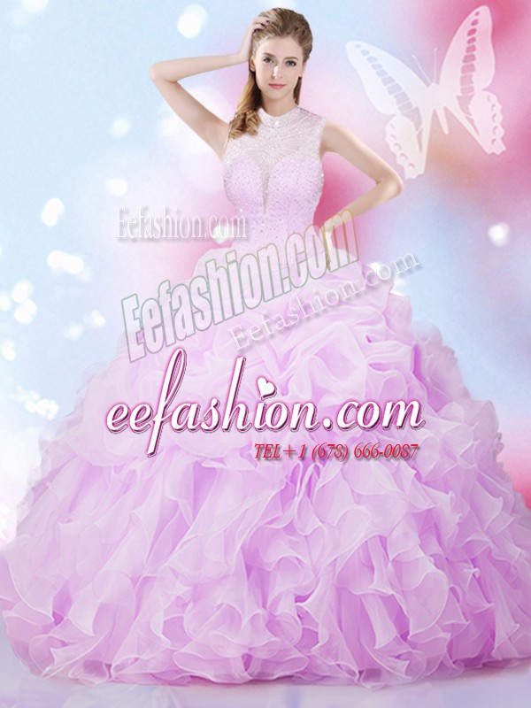 Customized Pick Ups Lilac Sleeveless Organza Lace Up Quinceanera Gowns for Military Ball and Sweet 16 and Quinceanera
