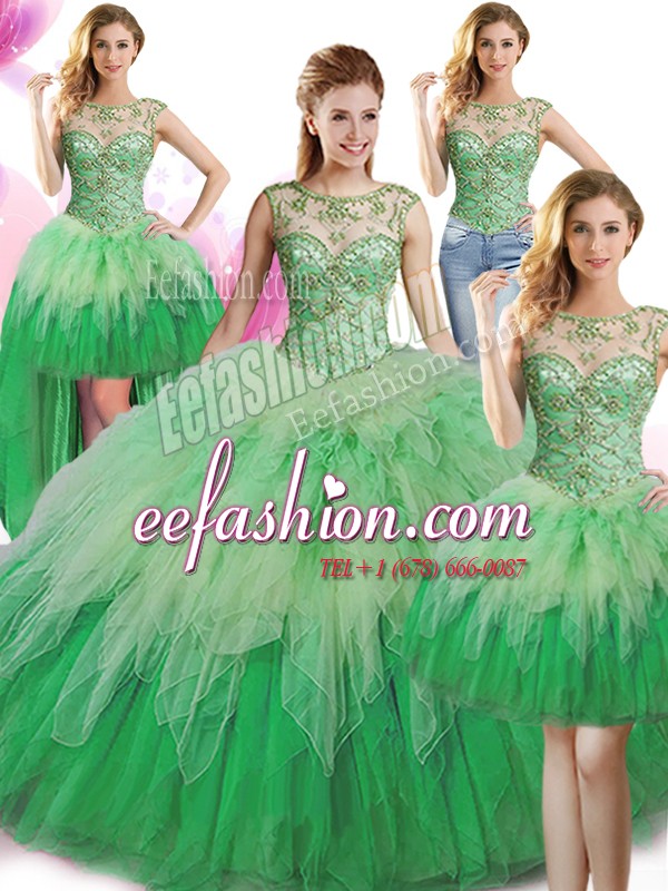 Elegant Four Piece Scoop Green Lace Up Vestidos de Quinceanera Beading and Ruffles Sleeveless Floor Length