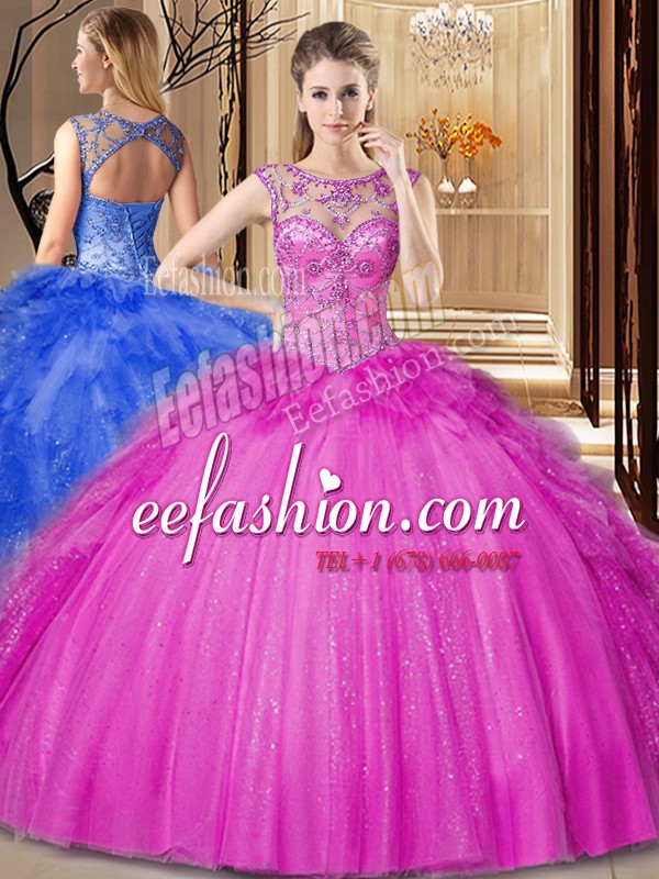 Suitable Floor Length Hot Pink 15th Birthday Dress Scoop Sleeveless Lace Up