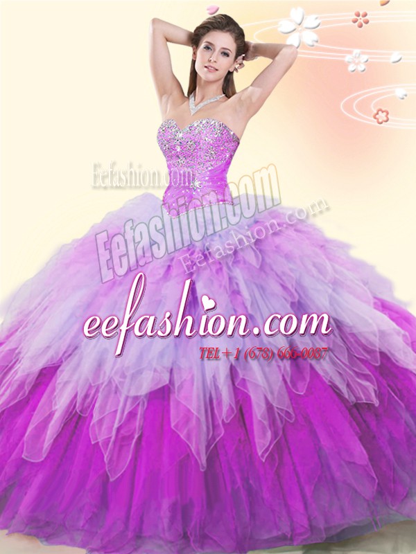  Beading and Ruffles Sweet 16 Dress Multi-color Lace Up Sleeveless Floor Length