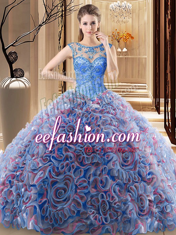 Cute Multi-color Quinceanera Gown Military Ball and Sweet 16 and Quinceanera and For with Beading Scoop Sleeveless Brush Train Lace Up