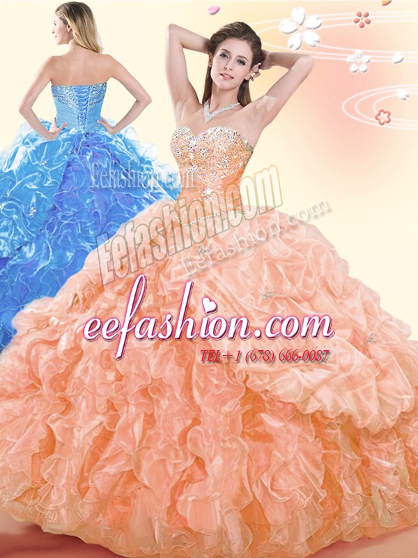  Orange Organza Lace Up Quinceanera Gown Sleeveless Floor Length Beading and Ruffles and Pick Ups