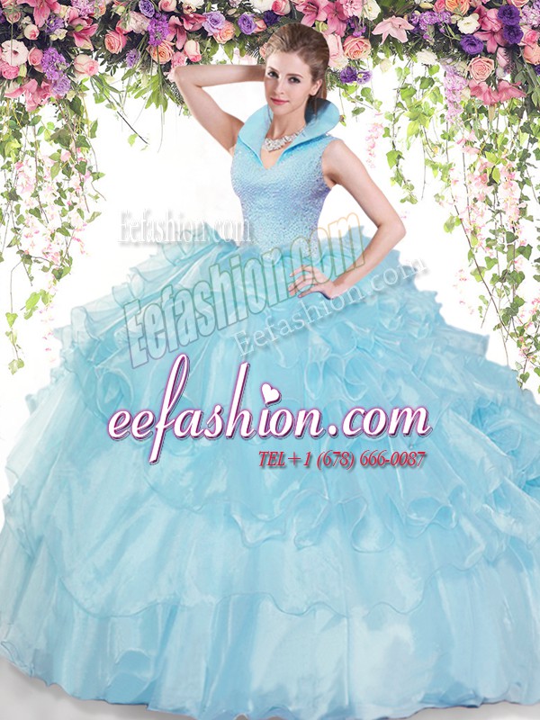  Backless Organza Sleeveless Floor Length Quinceanera Dresses and Beading and Ruffled Layers