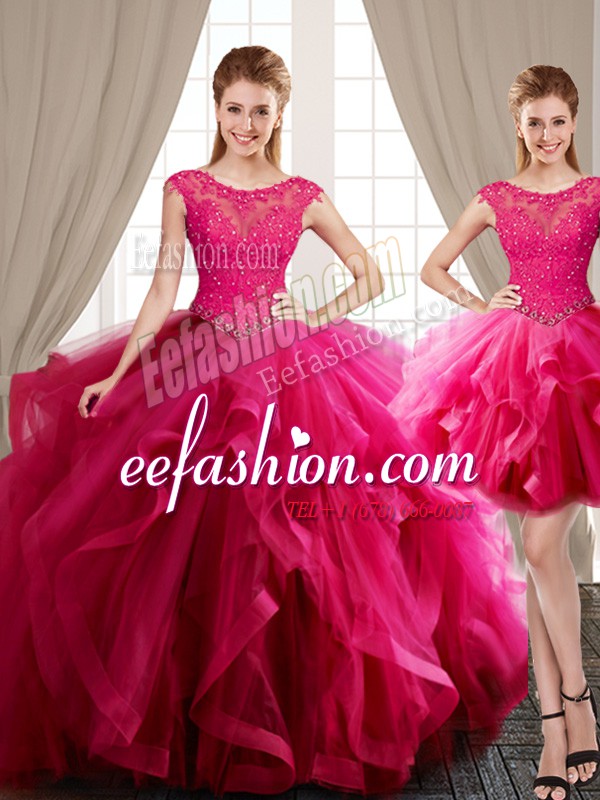 Discount Three Piece Scoop Cap Sleeves 15th Birthday Dress With Brush Train Beading and Appliques and Ruffles Hot Pink Tulle