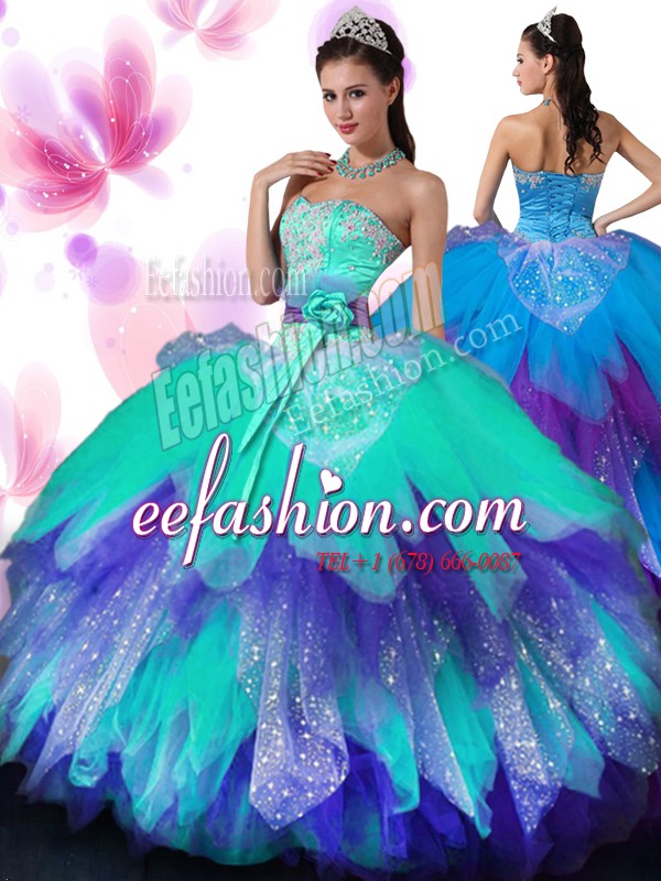 Glamorous Floor Length Multi-color Quinceanera Dresses Tulle Sleeveless Appliques and Ruffled Layers and Hand Made Flower