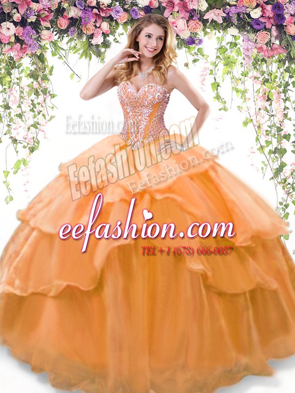  Sweetheart Sleeveless Quinceanera Dress Floor Length Beading and Ruffled Layers Orange Organza