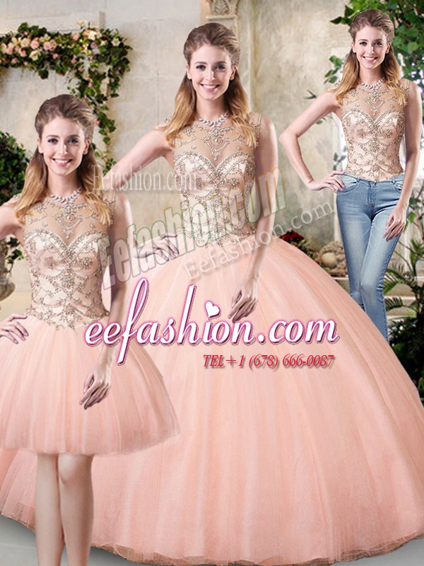 Colorful Peach Scoop Lace Up Beading Quinceanera Dress Sleeveless