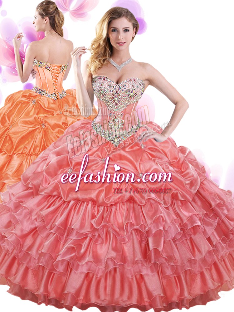  Sweetheart Sleeveless Organza 15 Quinceanera Dress Beading and Ruffled Layers and Pick Ups Lace Up