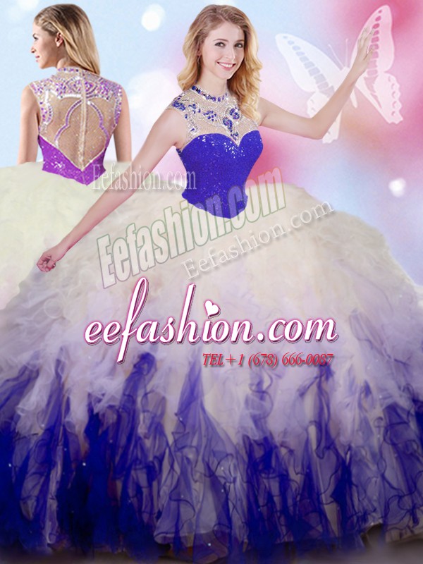 Luxurious Sleeveless Floor Length Beading and Ruffles Zipper Quince Ball Gowns with White And Purple