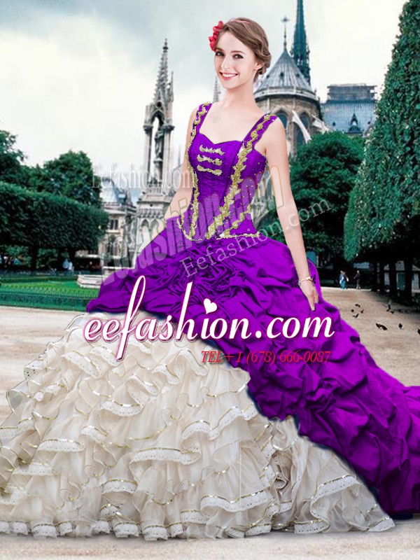  Organza and Taffeta Straps Sleeveless Brush Train Lace Up Beading and Ruffles and Pick Ups Ball Gown Prom Dress in White And Purple