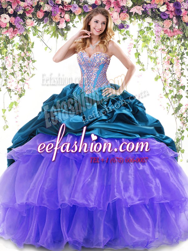 Romantic Multi-color Lace Up Sweetheart Beading and Ruffled Layers and Pick Ups Ball Gown Prom Dress Organza and Taffeta Sleeveless Brush Train