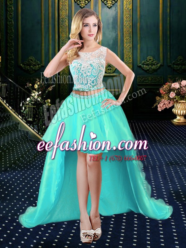 Custom Designed High Low Aqua Blue Prom Party Dress Scoop Sleeveless Clasp Handle