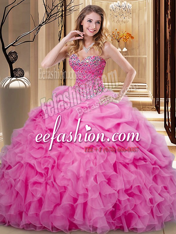  Rose Pink Organza Lace Up Quinceanera Gowns Sleeveless Floor Length Beading and Ruffles and Pick Ups